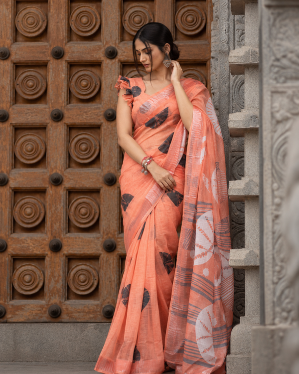 Tangerine Peach Half-Moon Shibori Motif Linen Saree