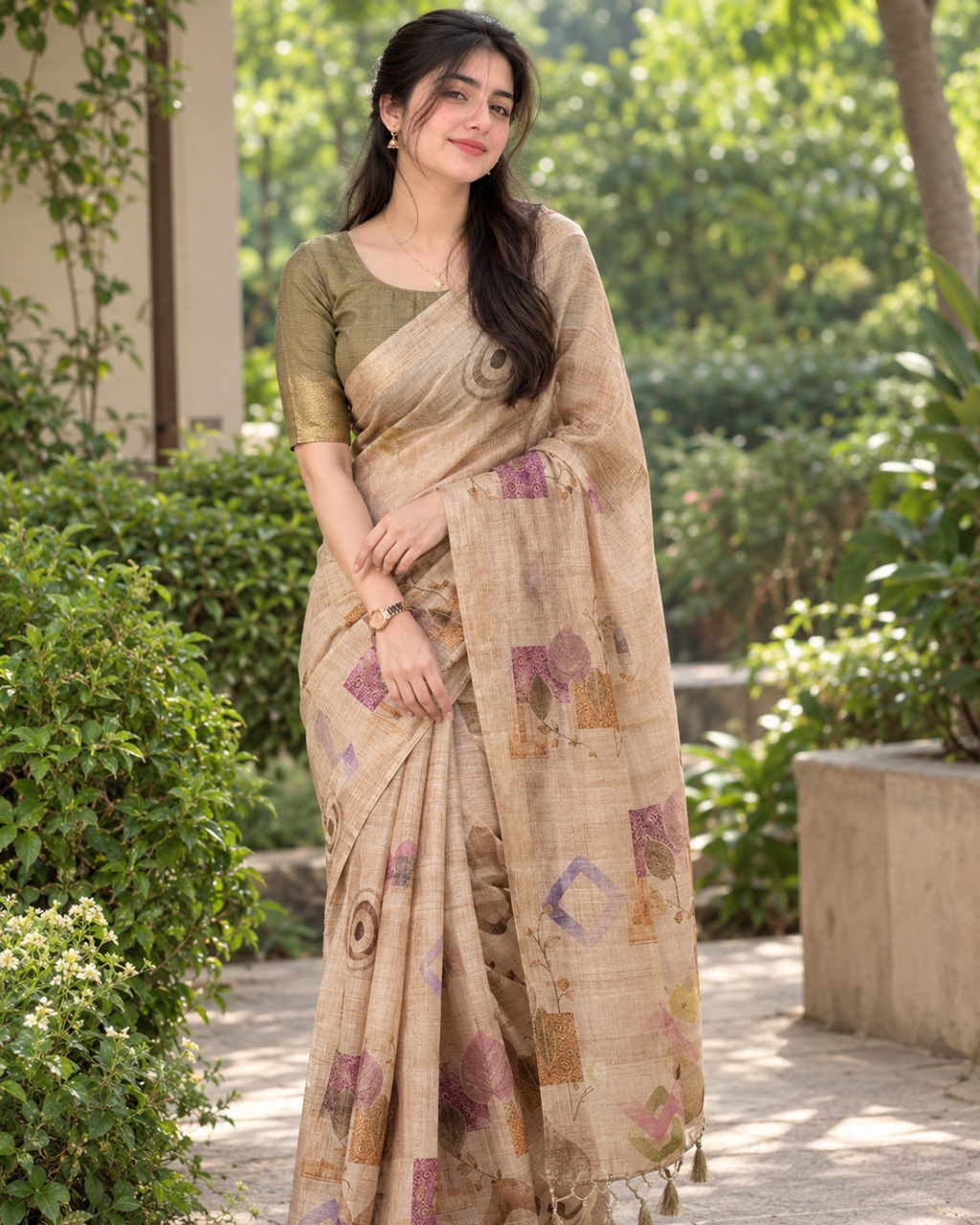 Beige Fawn Abstract Geometric Block Premium Silk Saree