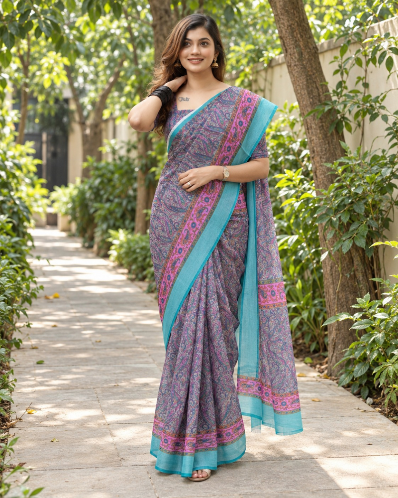 Lavender Paisley Print Chanderi Saree