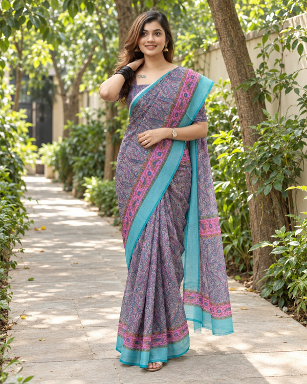 Lavender Paisley Print Chanderi Saree