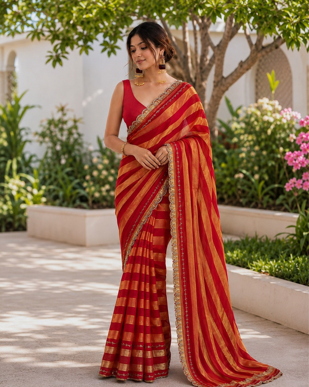 Crimson Red Leheriya Striped Fandy Silk Saree