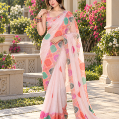 Blush Pink Multicolor Polka Dot Fandy Silk Saree