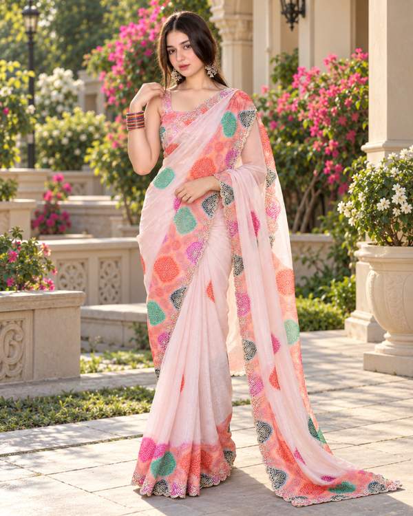Blush Pink Multicolor Polka Dot Fandy Silk Saree