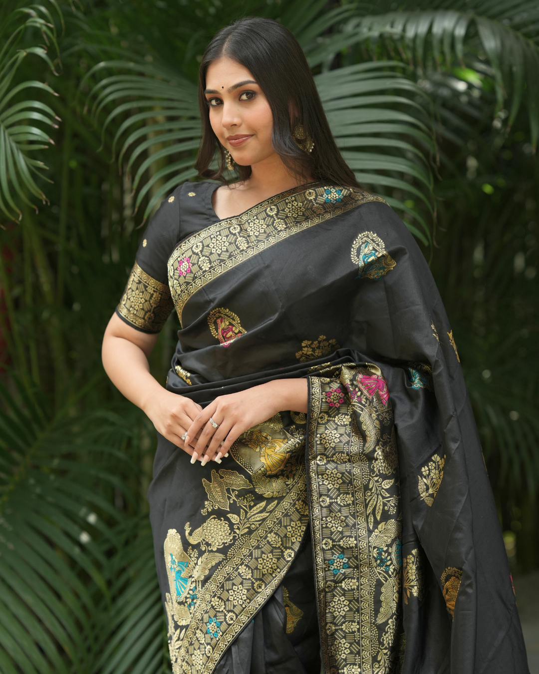 Black Woven Silk Saree with Peacock Zari Border
