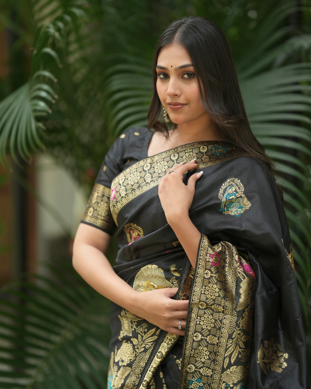 Black Woven Silk Saree with Peacock Zari Border