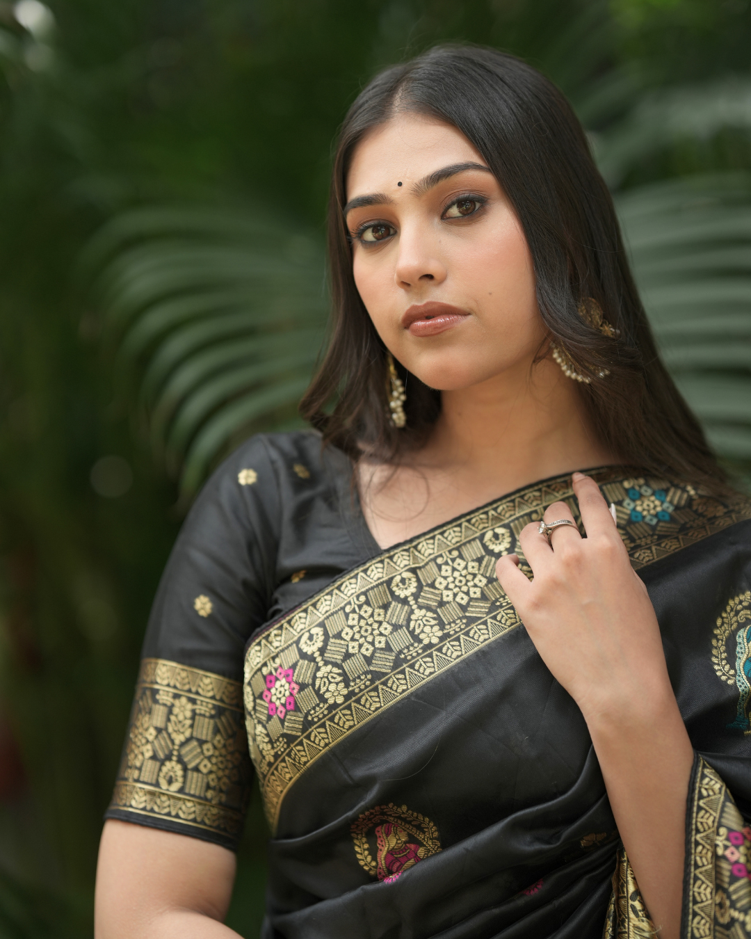 Black Woven Silk Saree with Peacock Zari Border