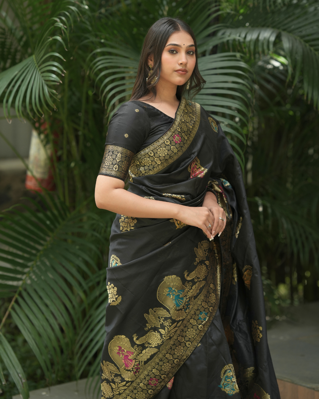 Black Woven Silk Saree with Peacock Zari Border
