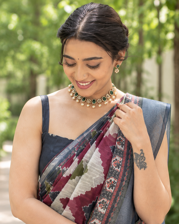 Burgundy Chevron Leheriya Chanderi Saree