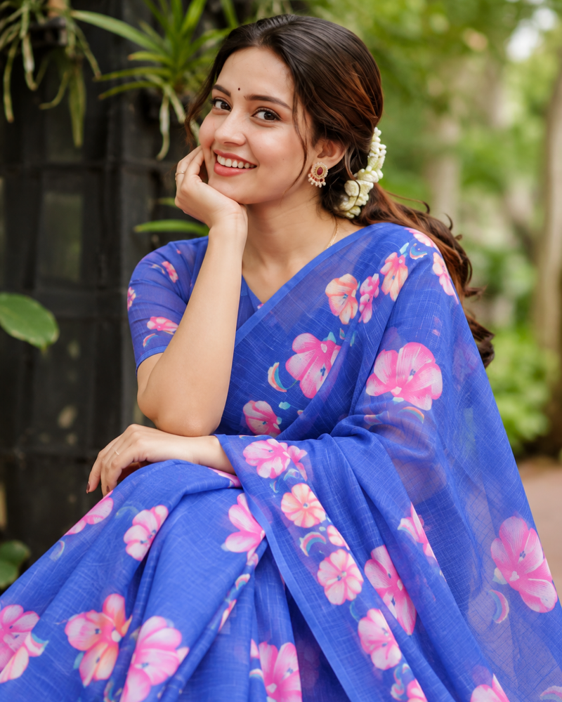 Royal Blue Hand-Painted Floral Linen Saree