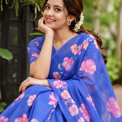 Royal Blue Hand-Painted Floral Linen Saree