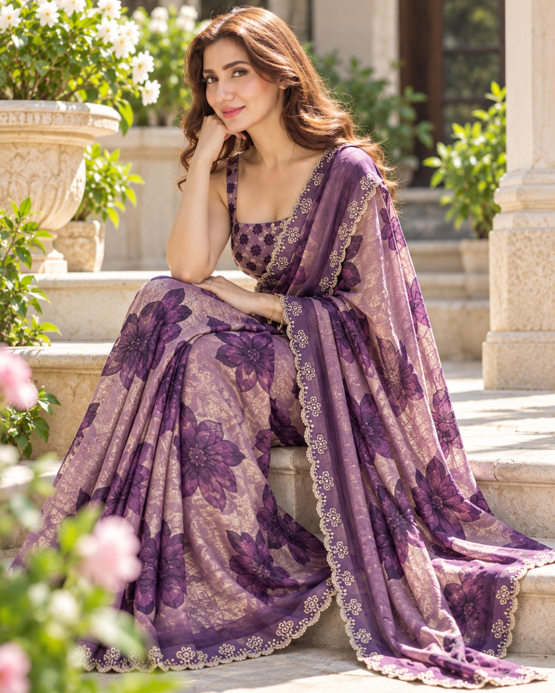 Lavender Purple Floral Organza Fandy Silk Saree