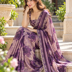 Lavender Purple Floral Organza Fandy Silk Saree
