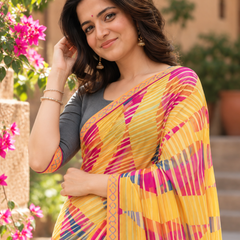 Mustard Yellow Diamond Block Striped Saree