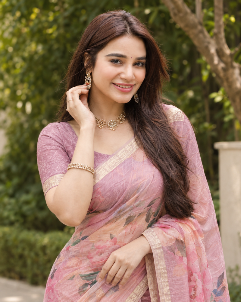 Pastel Mauve Peach Watercolor Floral Premium Silk Saree