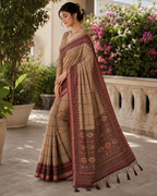 Beige Fawn Geometric Ikat Border Premium Silk Saree