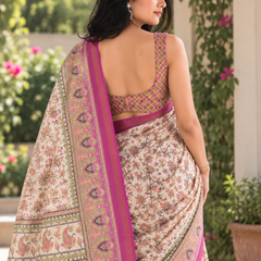 Ivory Floral Jaal Magenta Border Chanderi Saree