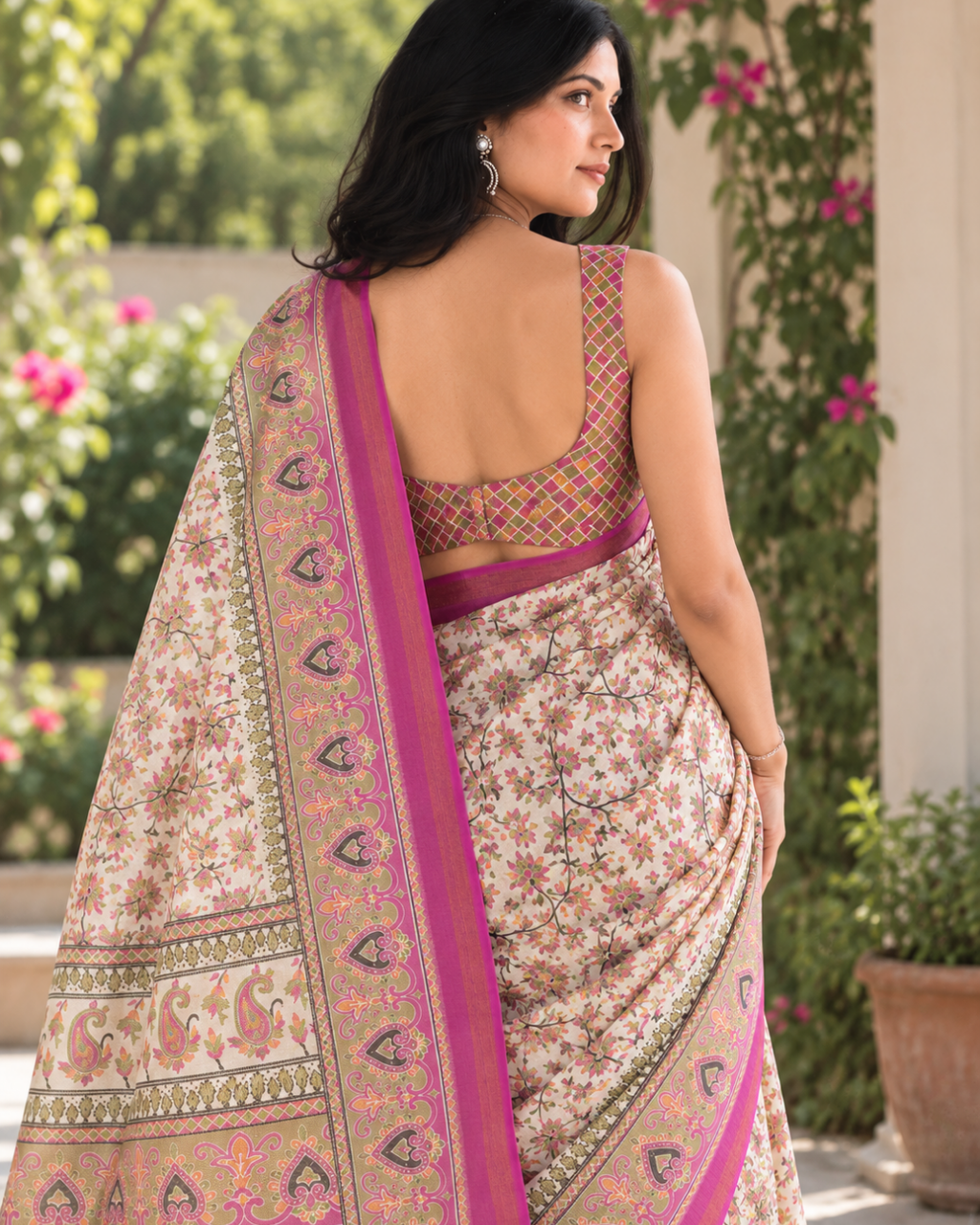 Ivory Floral Jaal Magenta Border Chanderi Saree
