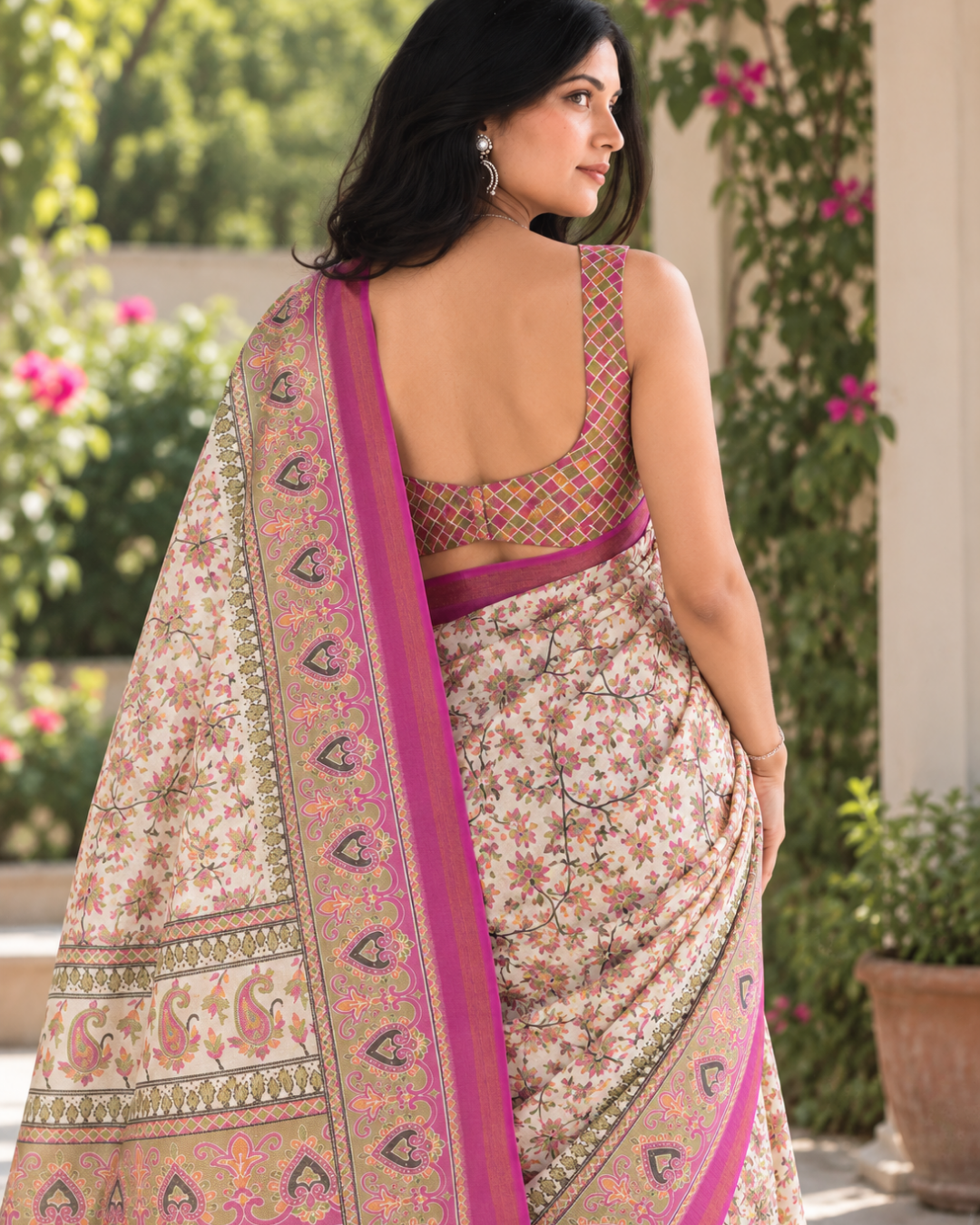 Ivory Floral Jaal Magenta Border Chanderi Saree