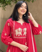 Rani Pink Elephant Embroidered Kurti Set