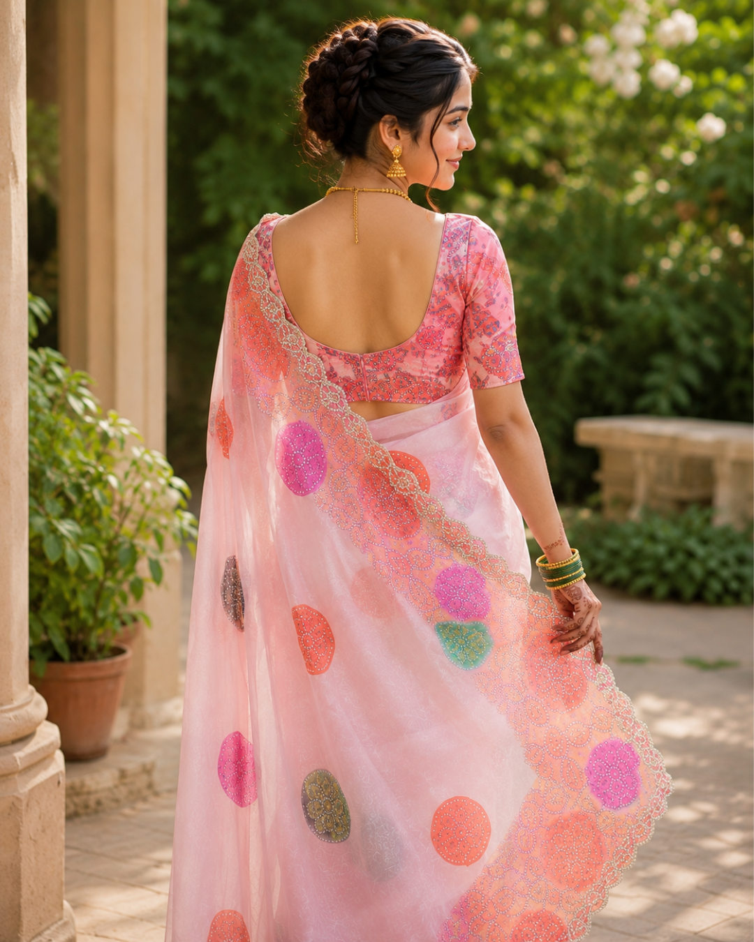 Blush Pink Multicolor Polka Dot Fandy Silk Saree