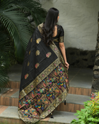 Black Woven Silk Saree with Peacock Zari Border