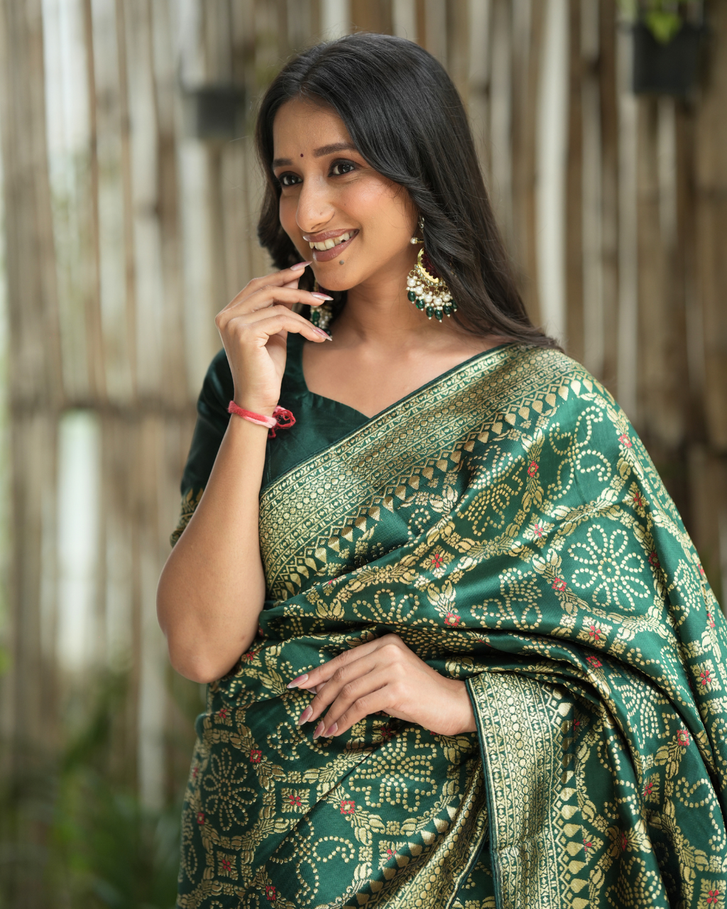Bottle Green Bandhani Print Weave Silk Saree