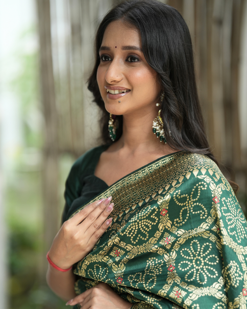Bottle Green Bandhani Print Weave Silk Saree