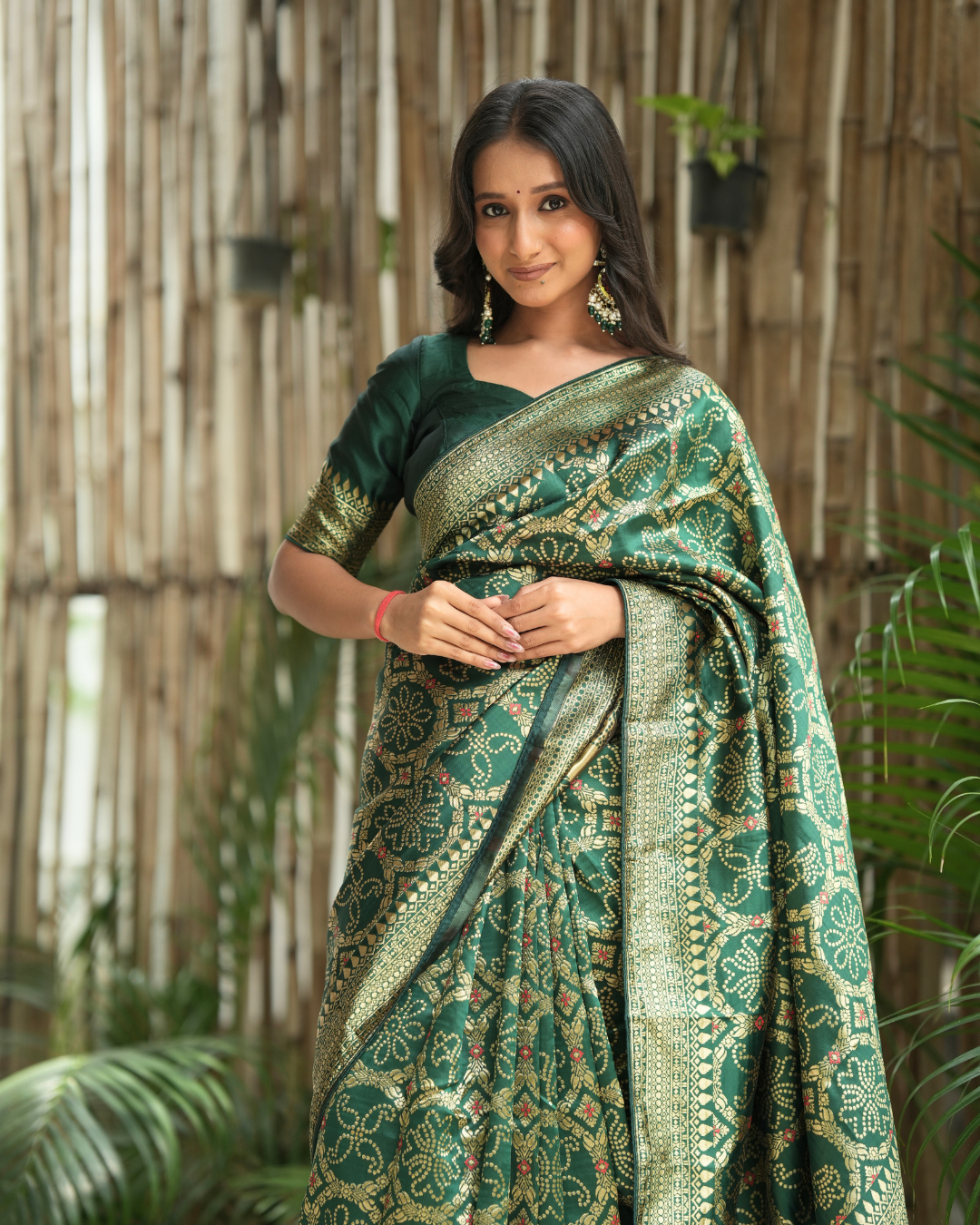 Bottle Green Bandhani Print Weave Silk Saree