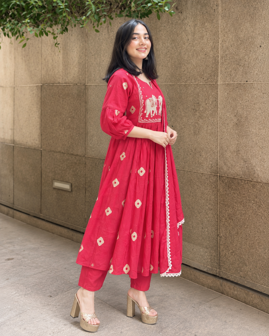 Rani Pink Elephant Embroidered Kurti Set