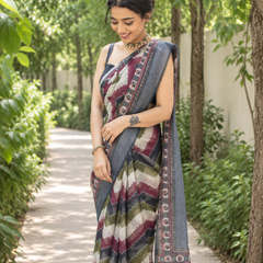 Burgundy Chevron Leheriya Chanderi Saree