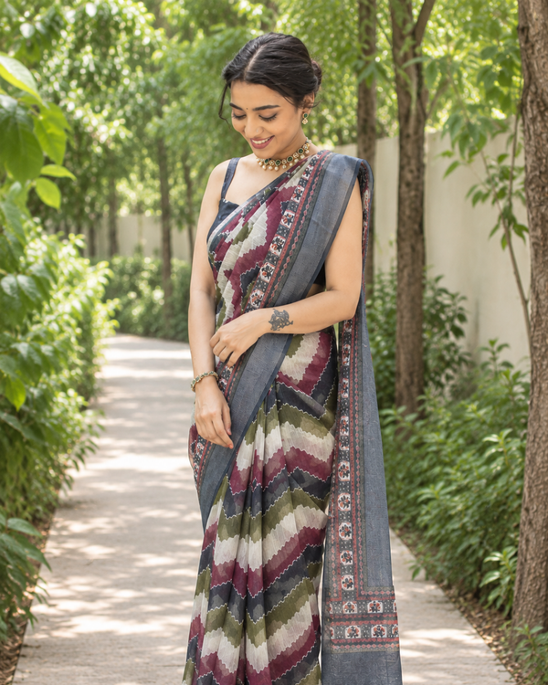 Burgundy Chevron Leheriya Chanderi Saree
