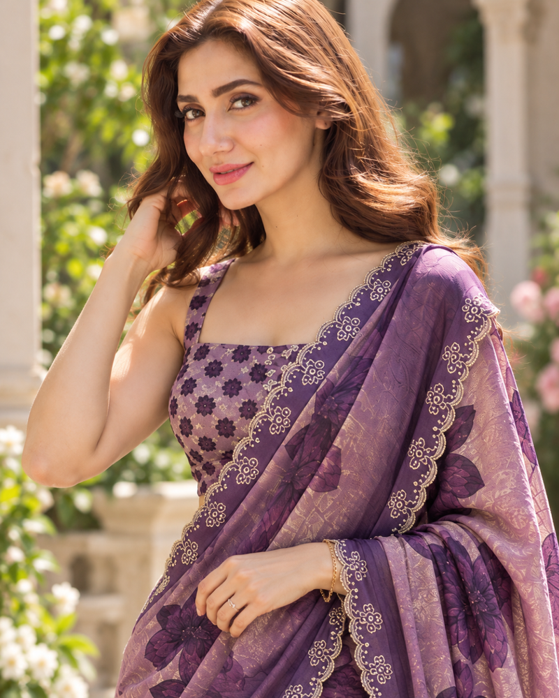 Lavender Purple Floral Organza Fandy Silk Saree