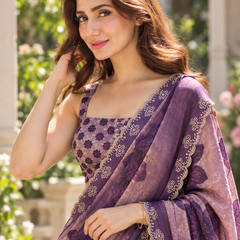 Lavender Purple Floral Organza Fandy Silk Saree