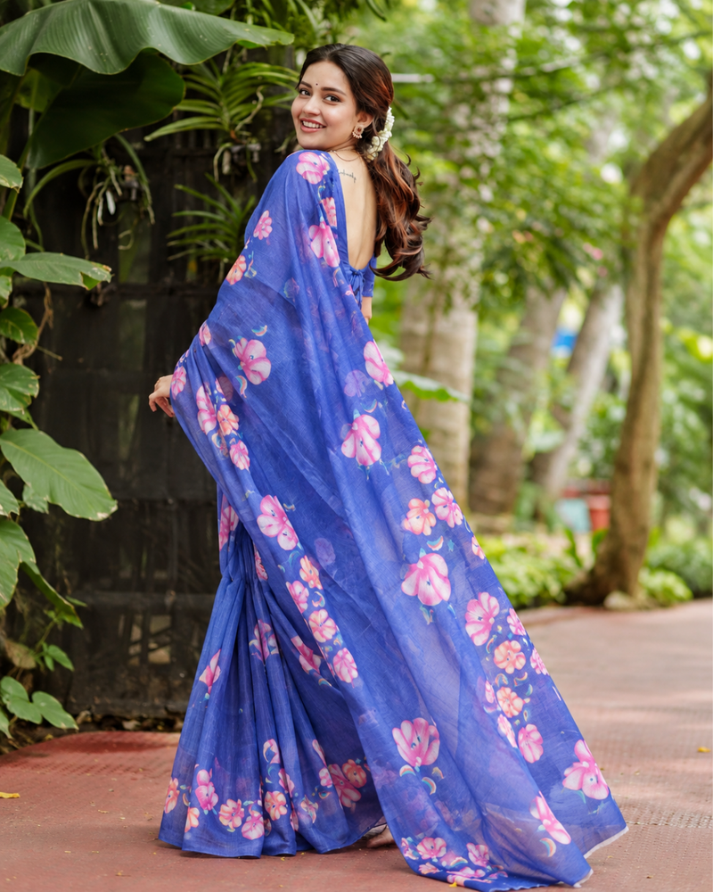 Royal Blue Hand-Painted Floral Linen Saree