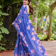 Royal Blue Hand-Painted Floral Linen Saree