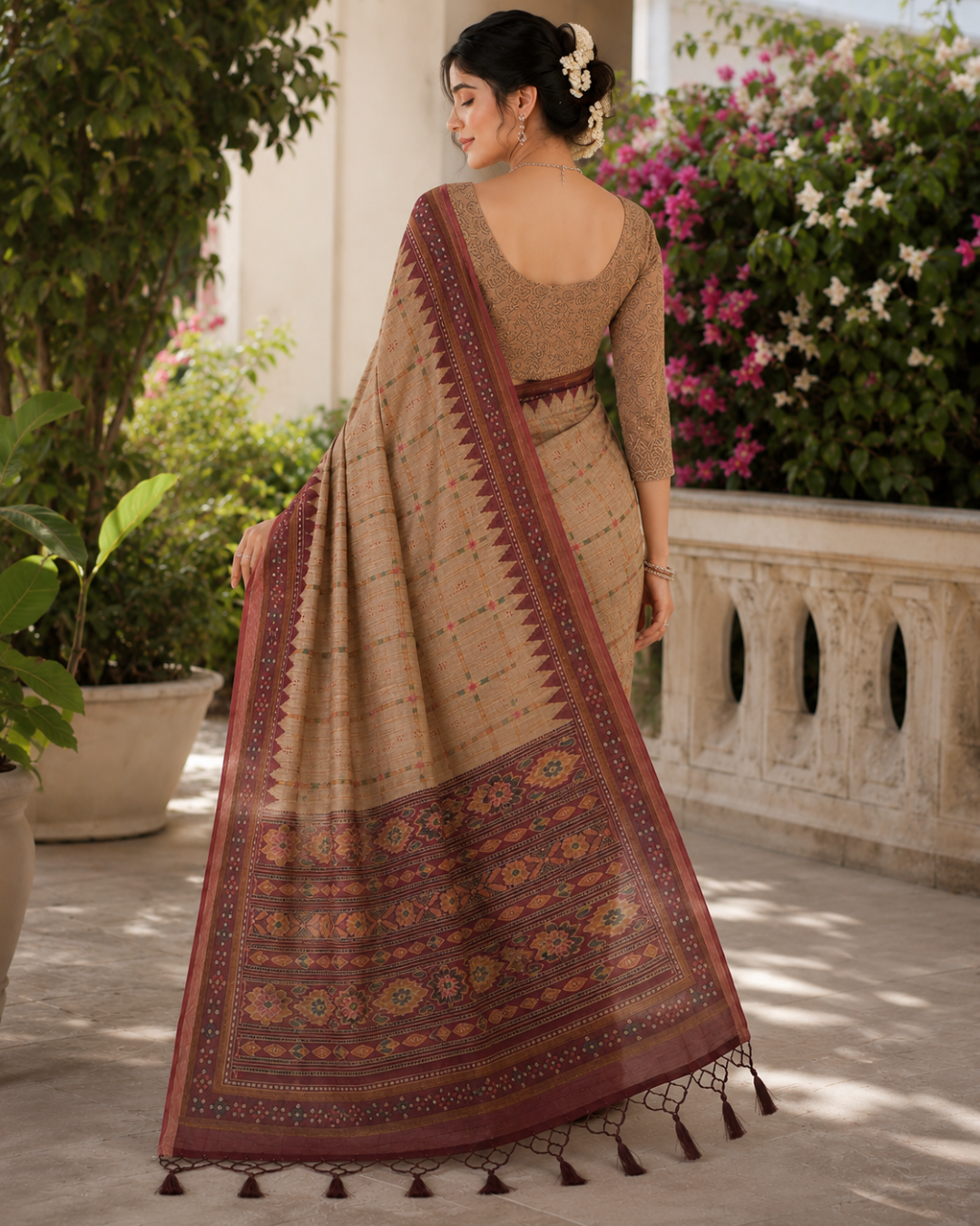 Beige Fawn Geometric Ikat Border Premium Silk Saree