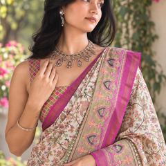 Ivory Floral Jaal Magenta Border Chanderi Saree