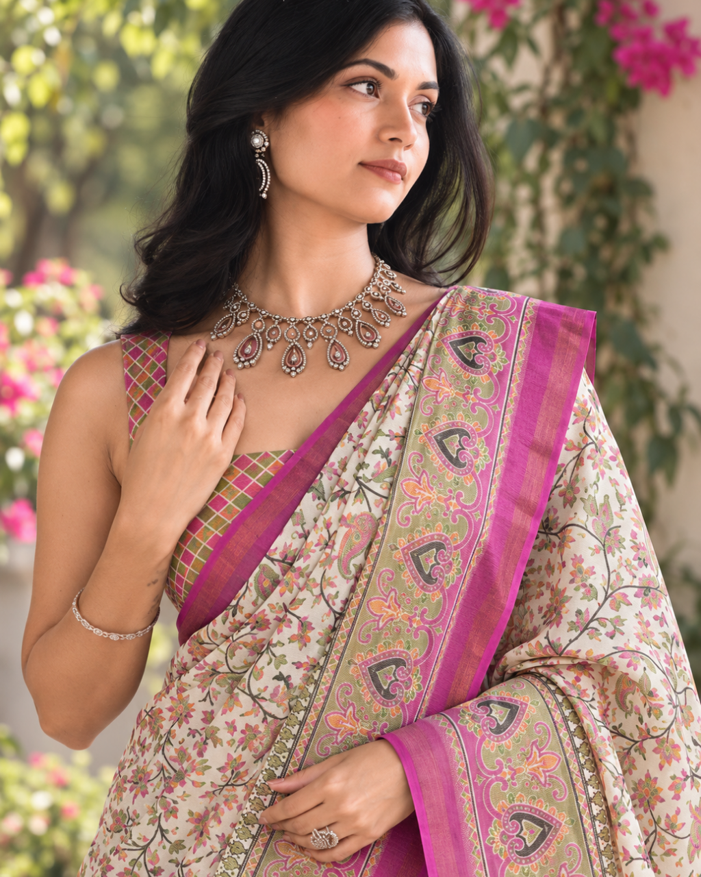 Ivory Floral Jaal Magenta Border Chanderi Saree