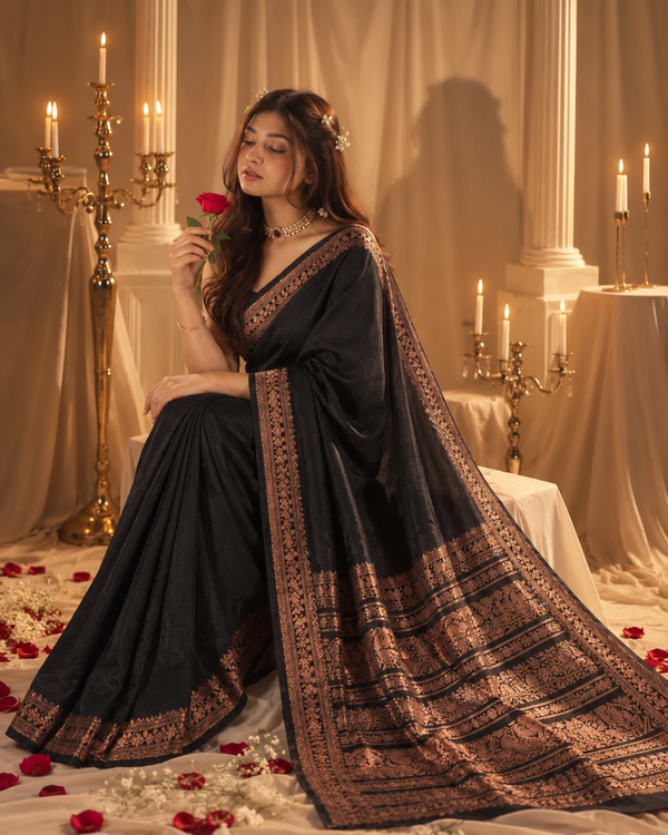 Midnight Black Bronze Zari Banarasi Silk Saree