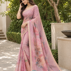 Pastel Mauve Peach Watercolor Floral Premium Silk Saree