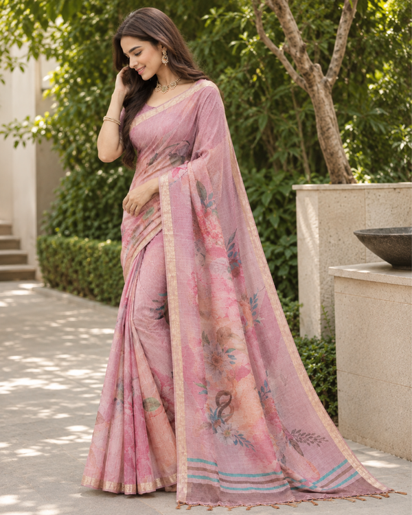 Pastel Mauve Peach Watercolor Floral Premium Silk Saree