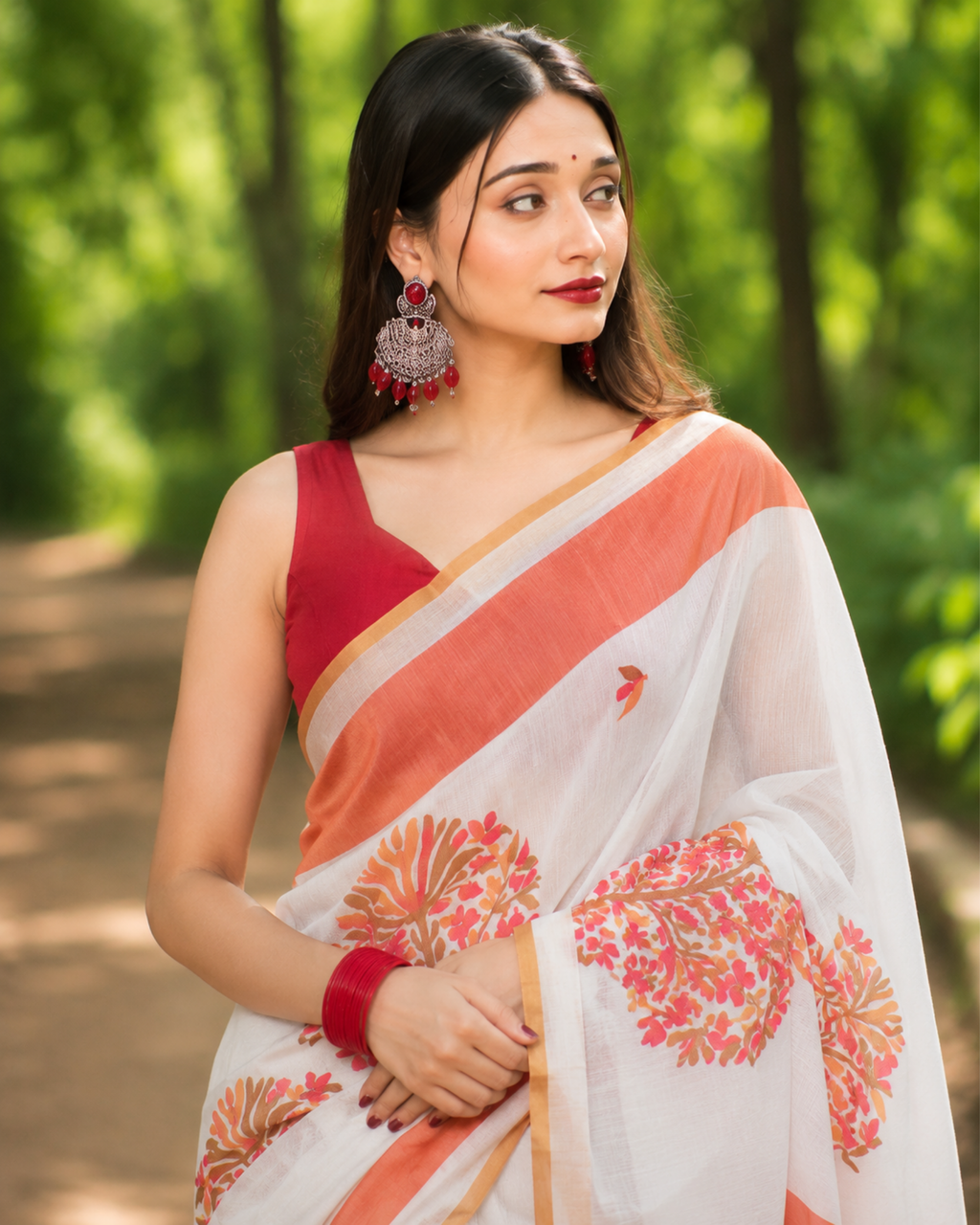 Coral Blossom Chanderi Saree