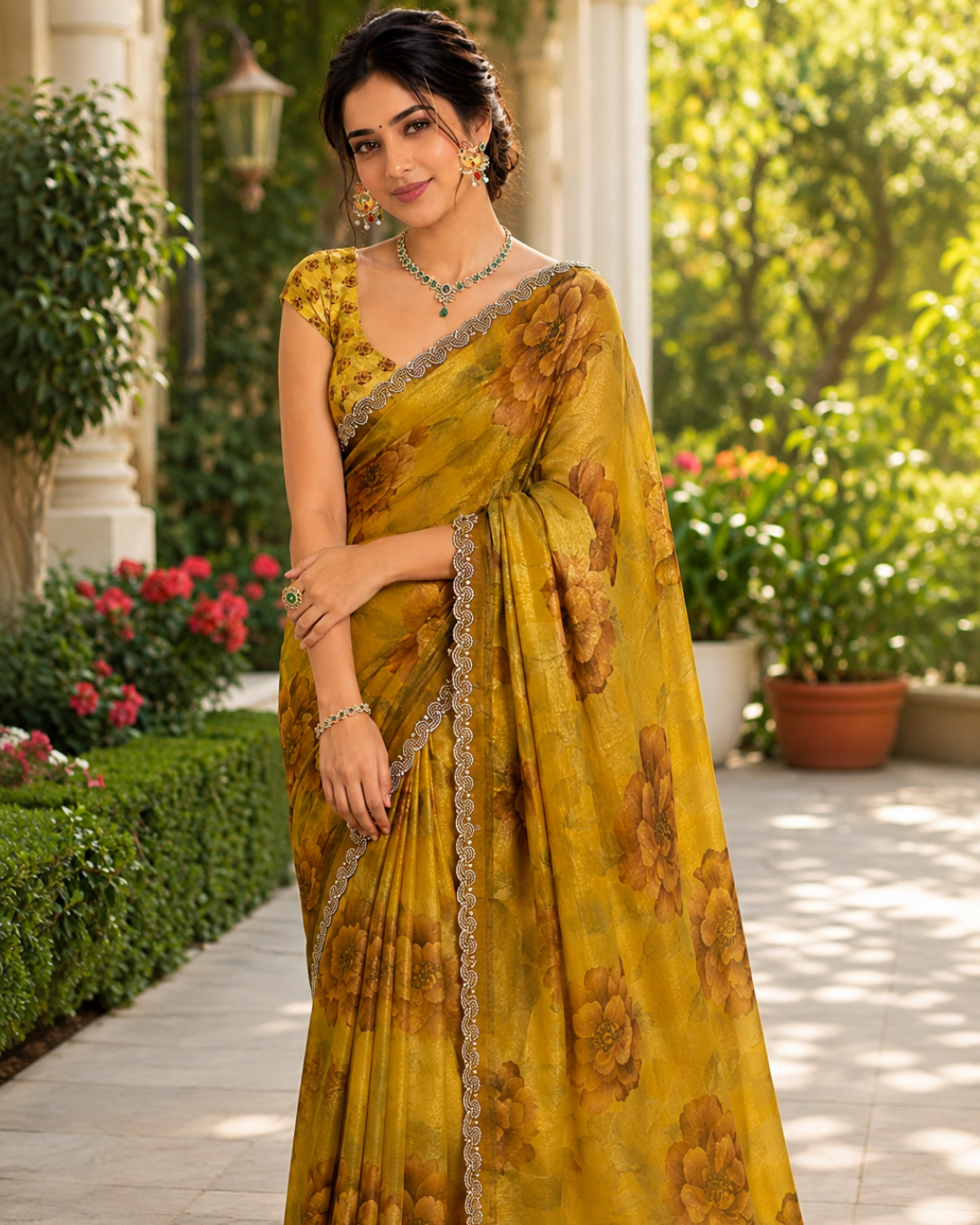 Mustard Ochre Watercolor Floral Fandy Silk Saree