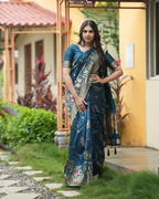 Peacock Teal Blue Zari Woven Silk Saree
