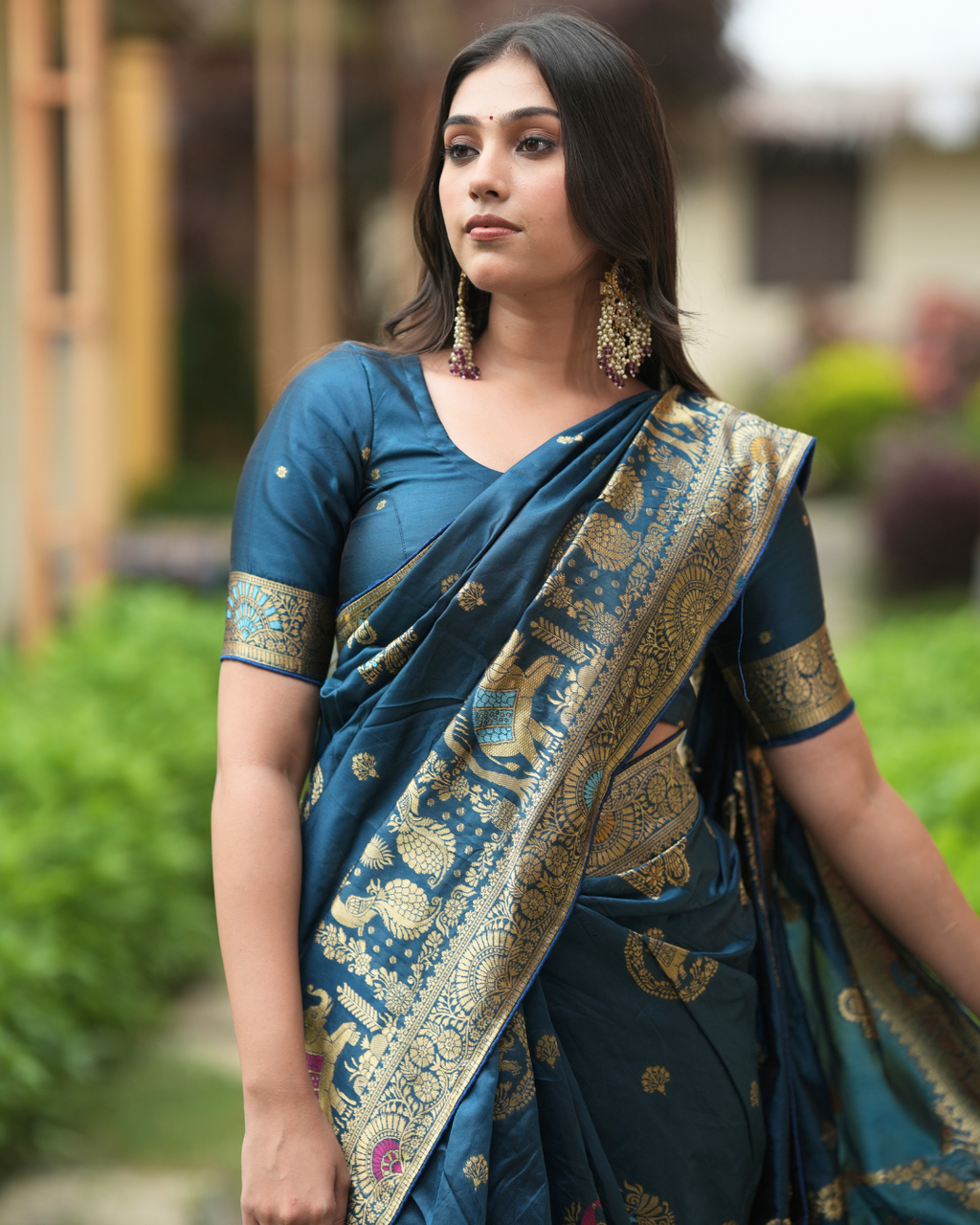 Peacock Teal Blue Zari Woven Silk Saree