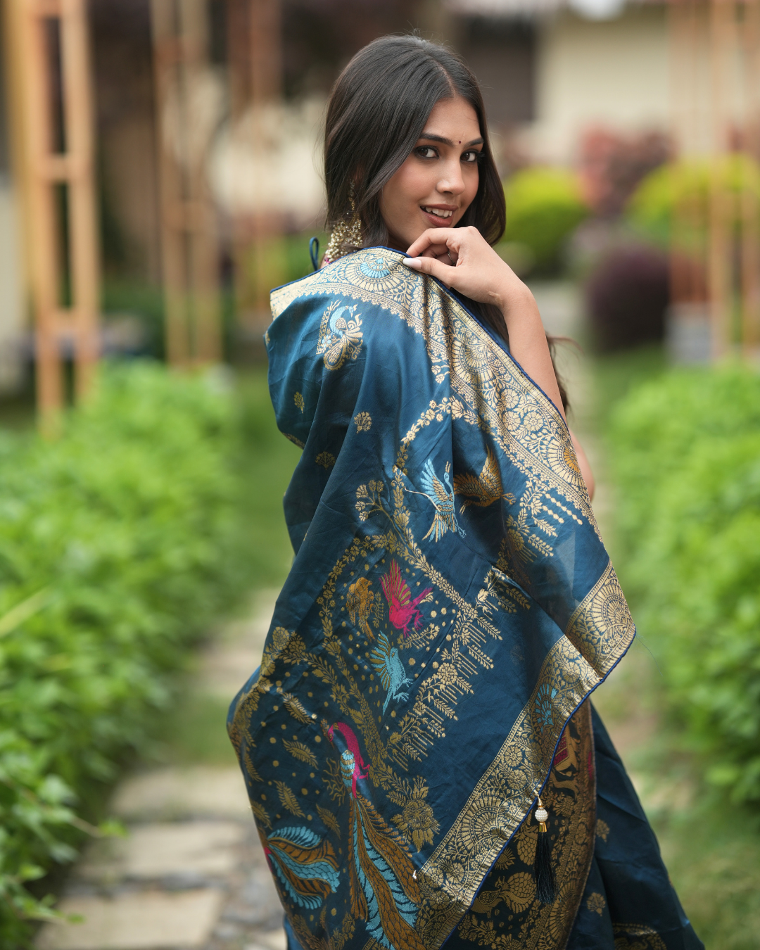 Peacock Teal Blue Zari Woven Silk Saree