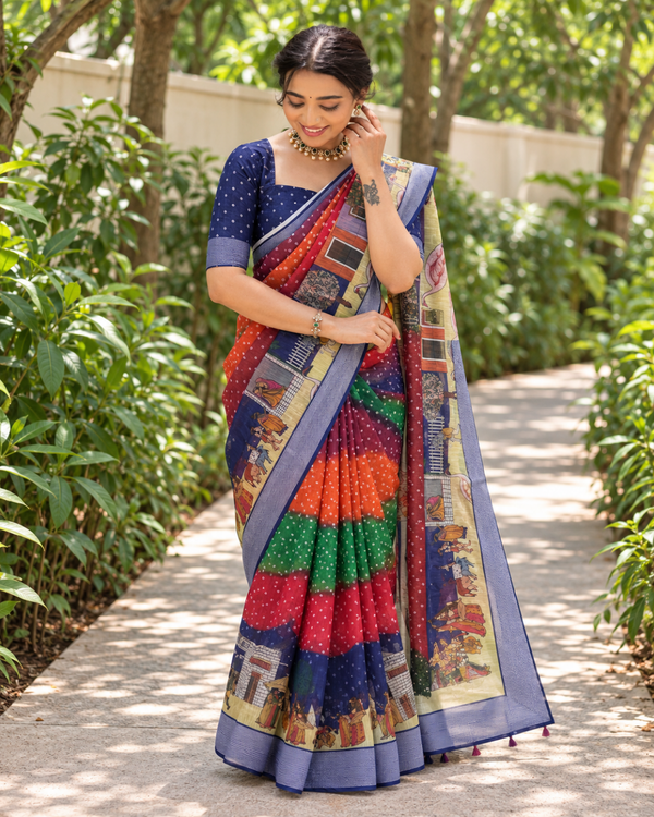 Multi-Band Bandhani Procession Chanderi Saree