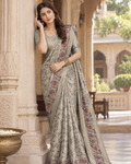 Silver Champagne Floral Vine Brocade Premium Silk Saree