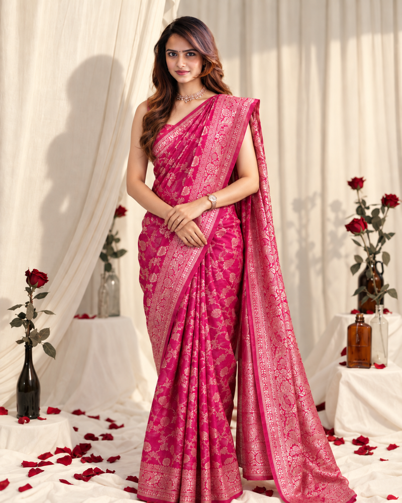 Magenta Silver Floral Jaal Banarasi Silk Saree