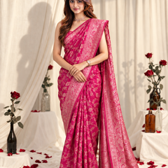 Magenta Silver Floral Jaal Banarasi Silk Saree
